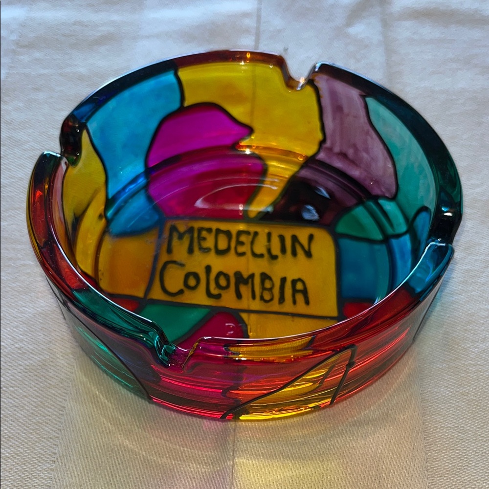 Colorful Medellin Hand-Painted Colombia Glass Art Ashtray